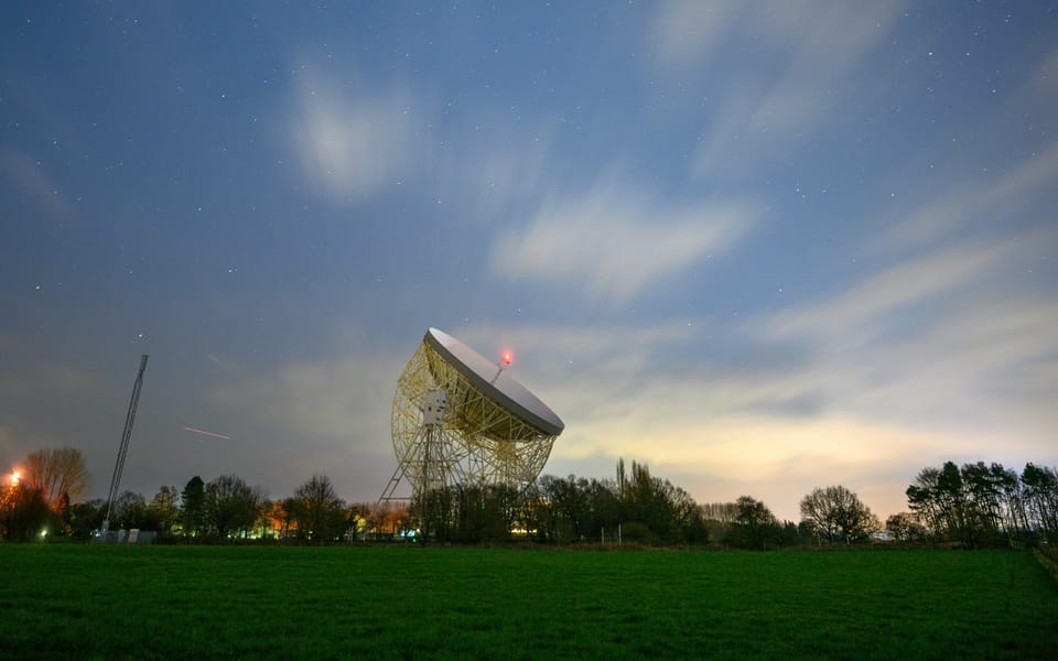 The UK's Jodrell Bank radiotelescope at night. The UKSA is building a network of sovereign satellite surveillance systems